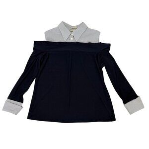 Anatomie Off Shoulder Blouse Shirt Navy White Stripe Travel Knit Long Slv Size L